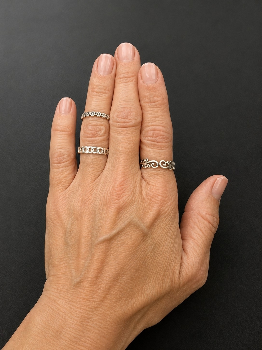 Silver Floral & Chain Stackable Rings - Silver - Picture 3 of 4